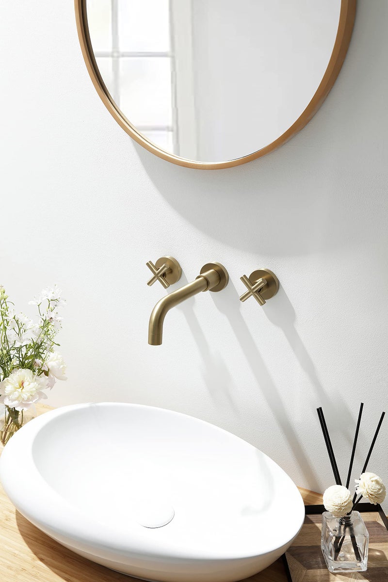 SITGES Gold Bathroom Faucet, Double Handle Wall Mount Bathroom Sink Faucet and Rough in Valve Included (Gold) - Image 3